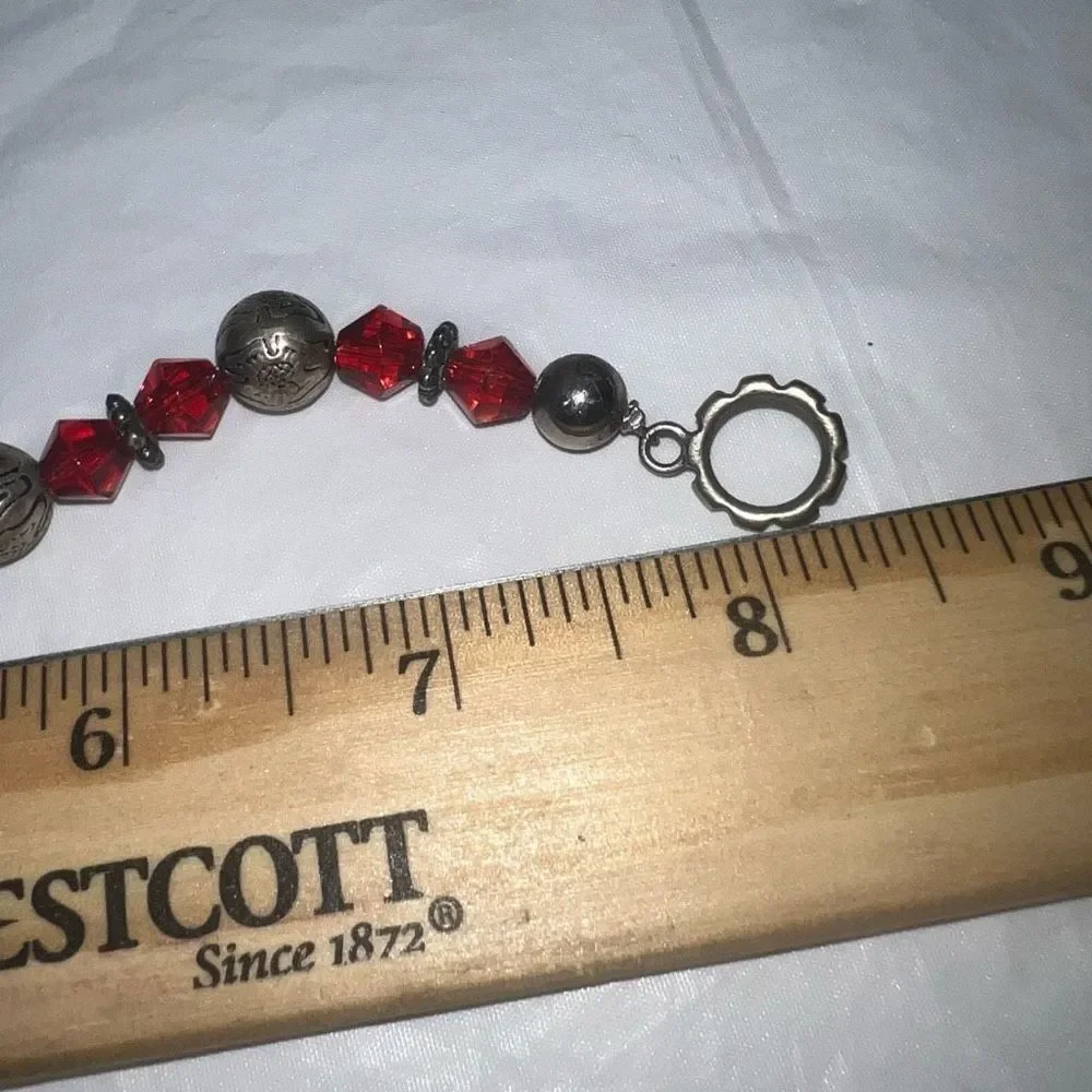 Vintage Boho Silver Tone And Orange Red Faceted Bead Bracelet